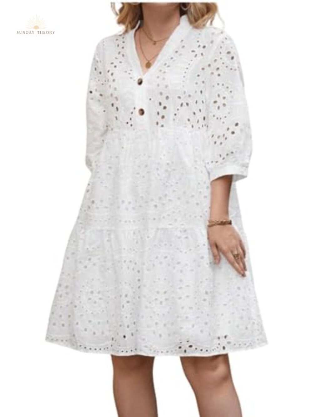 Women's Eyelet Lace Midi Dress V Neck Puff 3/4 Sleeve A Line Casual Sun Dress